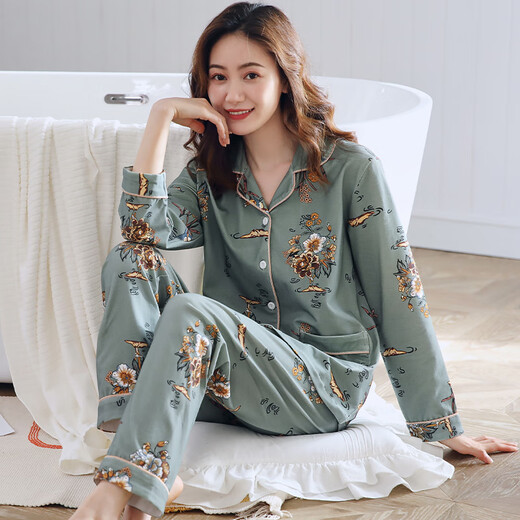 Caiyun Kali pajamas women's long-sleeved spring and autumn summer cardigan large size loose middle-aged mother's home clothes and thin summer suit can be worn C9906 dark green [main picture] 2XL (recommended 140-160Jin [Jin equals 0.5 kg])