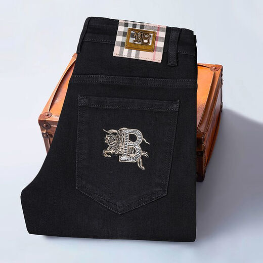 巴宝利亚新款男士春秋牛仔裤弹力修身直筒高端刺绣春夏欧洲站潮牌复古裤子 e9272黑色 34  腰围2尺7