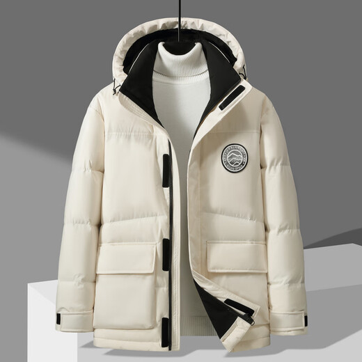 Snow Flying Down Jacket for Women, versatile and fashionable casual men and women same style three-dimensional workwear, large pocket stand collar hooded long down jacket, white 8162 XS /160/80A
