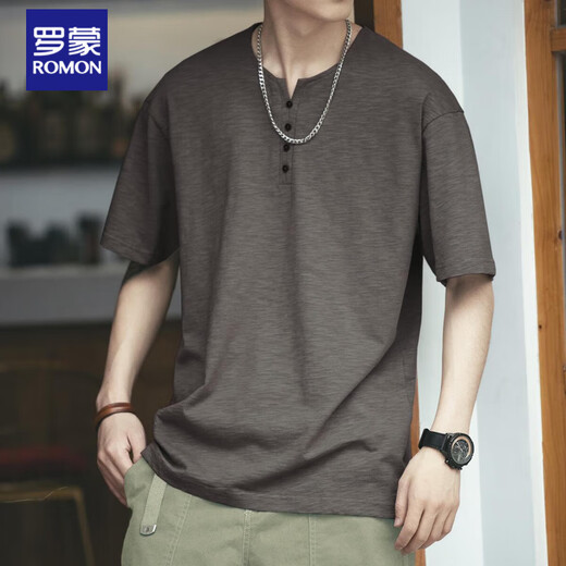 
ROMON American retro bamboo short-sleeved T-shirt men's summer fashion brand Henry shirt Ami Kaji Polo shirt men's spring and summer dark gray XL suitable for 145-160 Jin [Jin equals 0.5 kg]