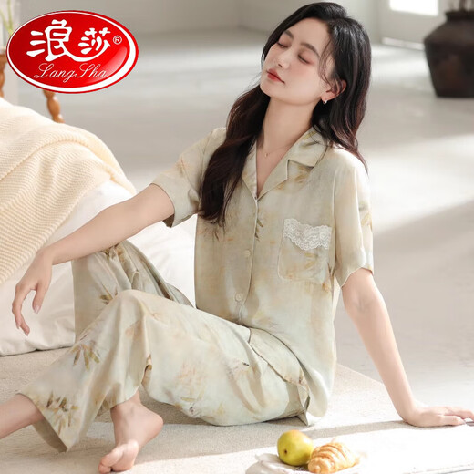 浪莎（LangSha）睡衣女士夏季短袖长裤中年妈妈套装感丝绸夏款半袖家居服外穿 6626 M (建议穿着体重80-100斤)