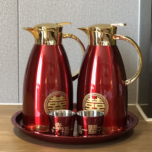 Olla térmica, dote de boda, un par de olla térmica de boda, tetera roja, botella de termo, 304 hogar de acero inoxidable, olla a prueba de polvo, yuanxi 1 maceta + 4 tazas + 1 14101ml