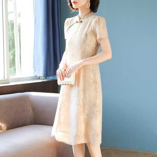 登森图旗袍中国风40岁穿中年妇女妈妈装母亲节新中式妈妈夏装雪纺连衣裙 867红咖色 L (建议85至100斤)
