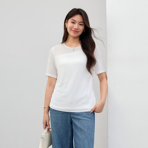 纤莉秀【设计感压褶圆领百搭莱赛尔T恤】大码女装胖mm2025夏新款1396 米白色 3XL