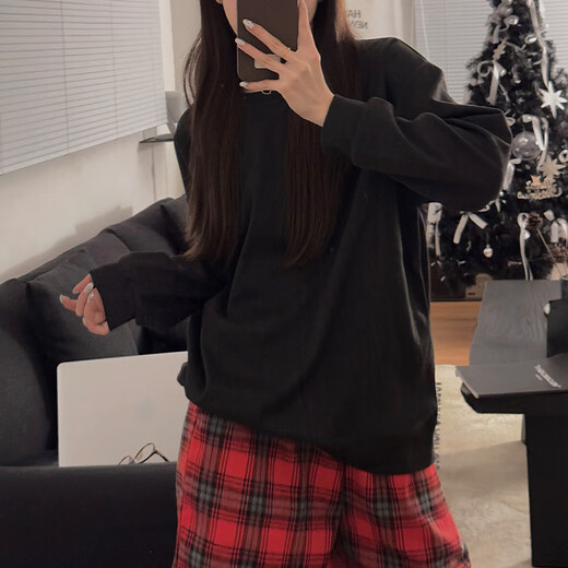 
S.SOFEA simple solid color pajamas for women in spring and autumn loose and comfortable home clothing set H897# Red Xiaoge 175 L