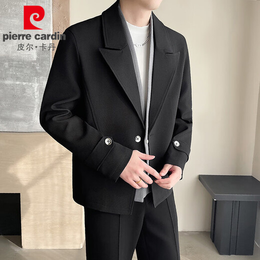 皮尔卡丹（pierre cardin）痞帅假两件夹克外套男西装领潮牌潮流叠穿设计高级感春季西服上衣 黑色 L 【建议125-140斤】