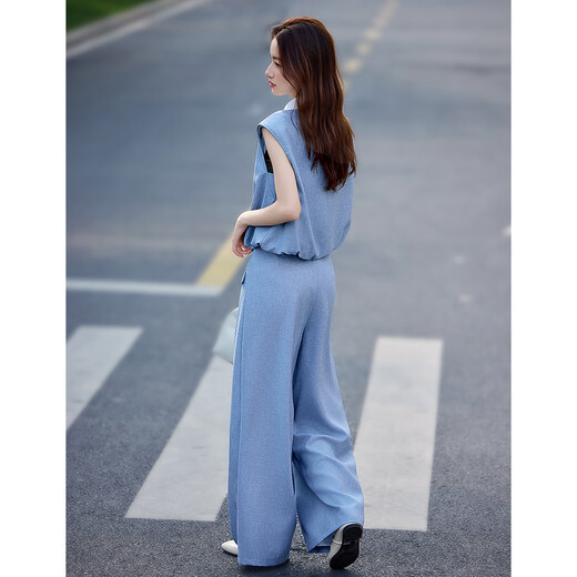 尚静休闲套装女夏季新款女装拼接撞色翻领衬衣高腰直筒裤宽松两件套女