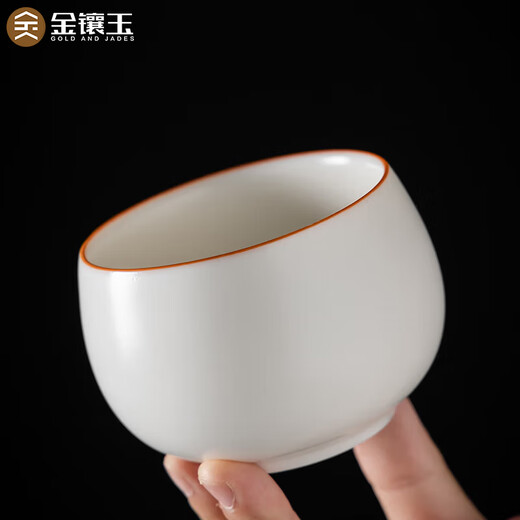 Gold inlaid jade tea cup master cup tea set white ceramic Ru kiln can be grown and opened to give a gift box white Ru Luohan cup