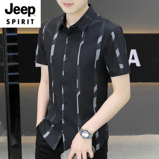 JEEP SPIRIT新款2025夏季男士短袖衬衫潮流痞帅气感冰丝薄款凉爽衬衣 7027黑色 M 90-110斤