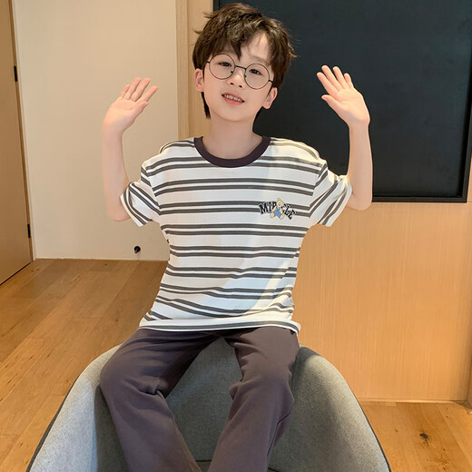 
Langsha children's pajamas boys' spring and summer short-sleeved long trousers thin cotton home clothes boys summer student suit ZHN9901 150 Recommended 140-150CM/70-85Jin[Jin equals 0.5 kg]
