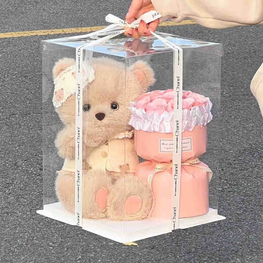 Yunya's birthday gift hug bear little doll simulated bouquet plush doll toy dolls gifts for girls friends Good night bear + 11 black plum sauce + gift box + lamp