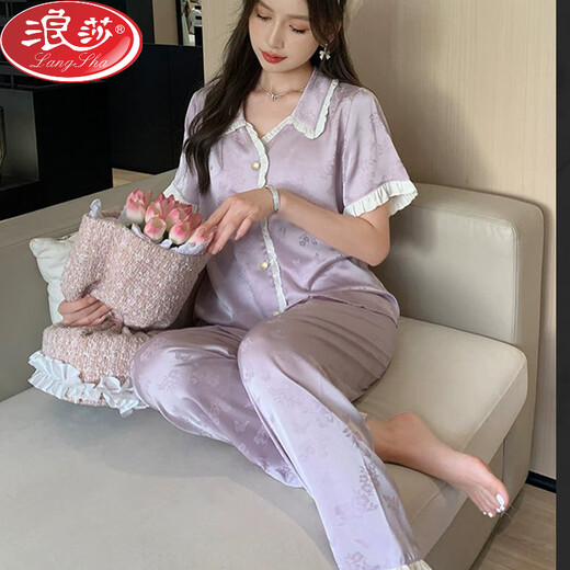 浪莎（LangSha）宫廷风甜美少女蕾丝花边睡衣女春夏季2025冰丝短袖长裤家居服套装 高品质-YFY-9905【短袖长裤】 M 【建议80-100斤】
