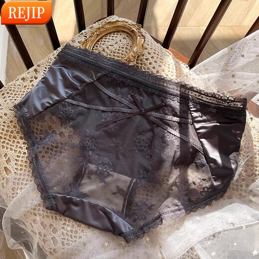 REJIP轻奢法式纯欲蕾丝内裤女性感提臀夏季薄款透气中腰绑带少女生私房 黑色 M 80-100斤 3883
