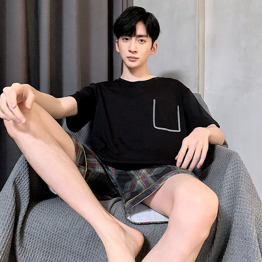 Hongdou (Hodo) pijama para hombres en verano pantalones cortos de algodón puro para jóvenes verano delgado de gran tamaño para ropa para al aire libre juego de ropa para el hogar HD-9928 L