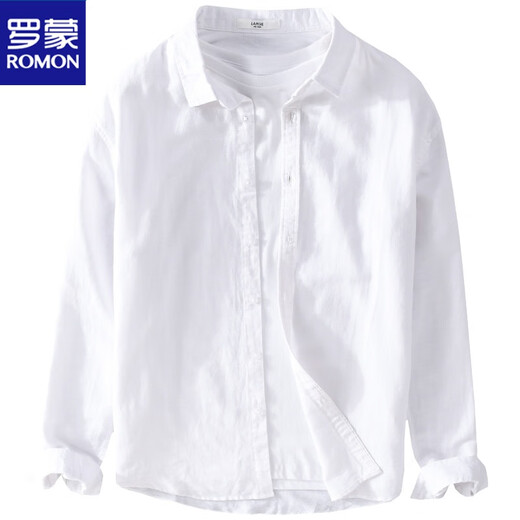 ROMON spring linen shirt men's long sleeve thin loose solid color Japanese casual and versatile youth work clothes white cotton linen shirt watermelon red [9207 stand-alone* collar] 2XL