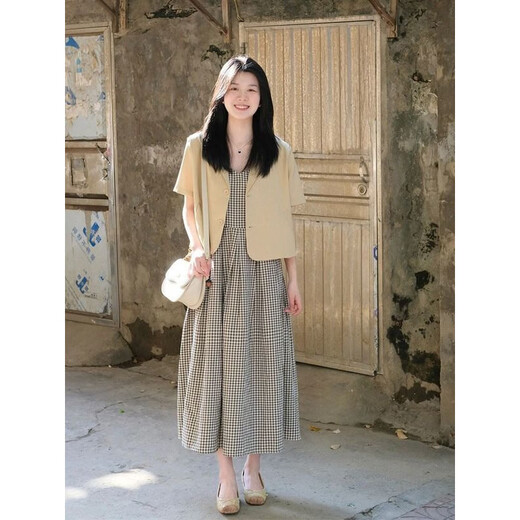 
Ziweiqi summer short-sleeved suit jacket retro plaid dress two-piece set women's trend 9720 cream yellow jacket [single piece] M Recommended 100 Jin [Jin equals 0.5 kg] below