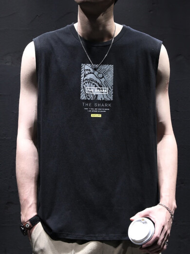 Kuraishi Kazuki Pure Cotton Sleeveless Vest Men's Summer Thin Loose Trendy Brand Sports Leisure Fitness Printed T-Shirt Black XL