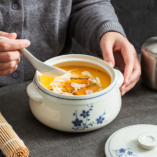 Household ceramic stew pot with lid, water-proof stew pot, crock pot, hotel restaurant special light luxury steaming pot soup bowl, plum blossom glaze medium flower paper 1 liter-Pangdundun