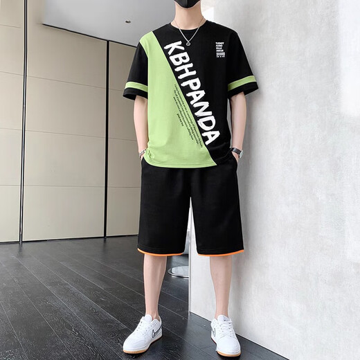 胖东来夏季新款短袖t恤男士休闲时尚运动套装个性上衣服潮流短裤子 6227白色+K201黑白边 M