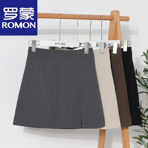 罗蒙（ROMON）2025学院风设计感下摆开叉半身裙高腰包臀A字短裙防走光西装裙子 黑色 S 80-90斤