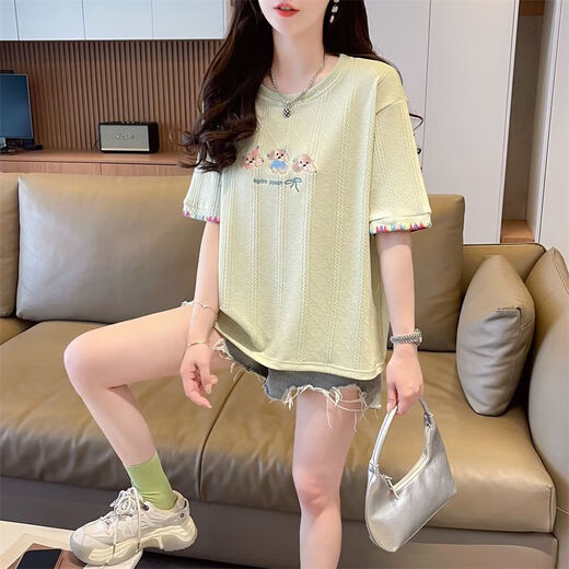 AEMAPE夏装女装刺绣白色短袖T恤女2025新款夏季小个子上衣夏天衣服 KM9277-蓝色 L 建议110-125斤
