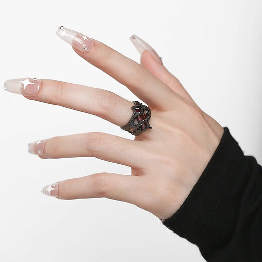 Shixi retro red geometric gemstone ring for men and women niche personality punk dark hollow texture metal ring men's gift box dark knight open ring