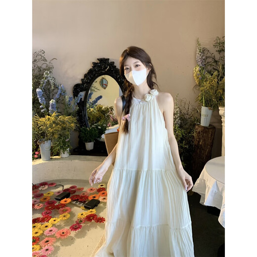 麓格立温柔风立体花朵挂脖连衣裙女夏季海边度假仙女裙气质显瘦A字长裙 立体花朵挂脖连衣裙 M 【建议91-100斤】