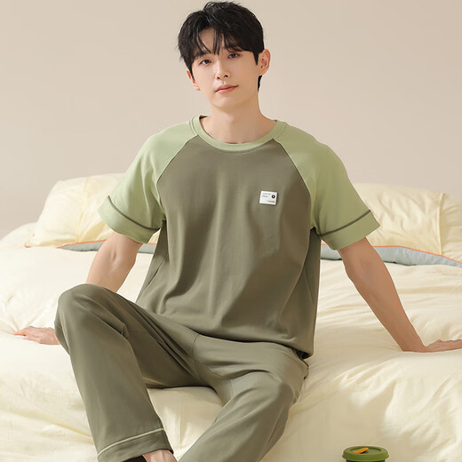 焦男男士睡衣纯棉夏季拼接色潮流简约轻奢可外穿家居服短袖长裤两件套 01N13601男 XL