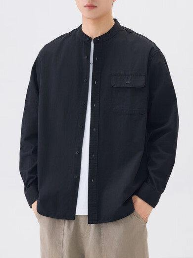 Duken heavy cotton stand-up collar shirt men's long-sleeved spring and autumn Japanese style work jacket coat Henry collar white shirt for men apricot heavy cotton/stand-up collar design M (suitable for 90-110 Jin Jin equal to 0.5 kg)