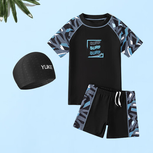 He Jiagong Teenage Children's Swimsuit Male Junior High School Student Exam Training Fat Boy Children's Swimming Cap and Swimming Goggles Three-piece Set Black and Green + Swimming Cap + Swimming Goggles Earplugs and Nose Clip S (45-65Jin Jin equals 0.5kg) 165