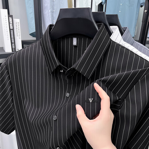 
Classic Car Summer Men's Jinmin Short Sleeve Shirt Striped Breathable High Elastic Anti-Wrinkle Non-Secret Business Casual Shirt Men's New Style AN15277 Gray M