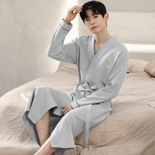 MPPMCK waffle bathrobe men's spring and autumn pure cotton medium-length men's nightgown 2025 new style water absorption integrated LJ16822 M size [weight 100-120Jin [Jin equals 0.5 kg]]