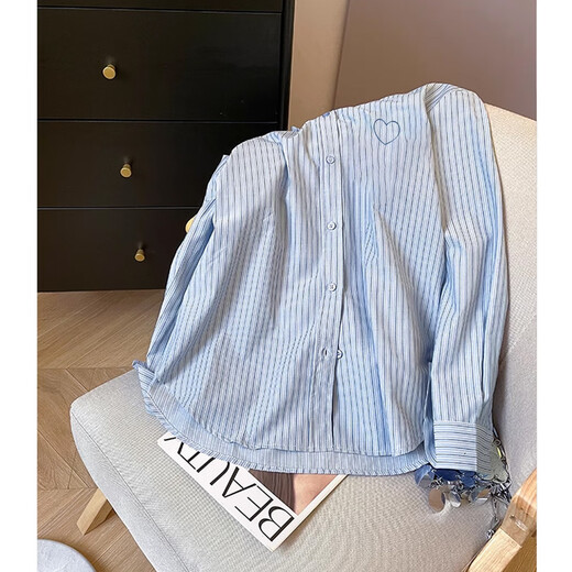 TonLion 2025 Spring Women's Lapel Love Embroidered Striped Long-Sleeved Shirt Blue Tone M
