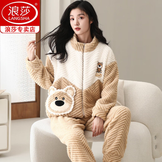 Langsha Marke Pyjamas für Frauen im Herbst- und Winterkorallen-Samt plus Samt verdickte Dicket können mit großer Reißverschlussflanell-Hauskleidung 9717 doppelseitig Jacquard Velvet M [Empfohlen 80-100 Jin [Jin Equals Equals ärgerlich]] getragen werden.