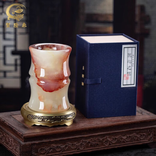 贺隆来天然玉石笔筒步步高升办公室桌面摆件书房高档送长辈老师纪念礼物 竹节瓶笔筒配黄铜底座C12808