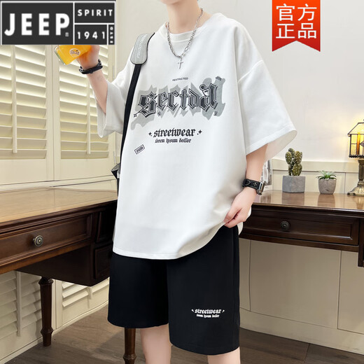 Jeep Spirit Teen Sportanzug Fat Boy 12-15 Jahre alte Schüler der Junior High School Kurzärärmelte T-Shirt 13 Trendy hübscher großer Sommeranzug TZ6630 Schwarz [kurze Ärmel + Shorts] l [105-120jin [Jin gleich 0,5 kg]]