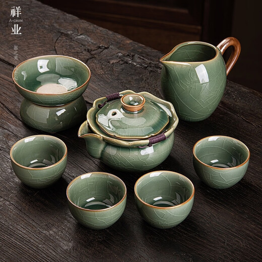 XMSJ Kiln Ice Crack Tee Set für häusliche Anti-Scenen-Teekannenbüro Kung Fu Cover Schüssel Tee Tasse Set 12023 Handgrabungstopf + Sechs Tasse + gemeinsame Tasse + Teeleck + Tee Geyao Chuhua Meiziqing Tee Set Set Set Set Set Set Set Set Set Set Set