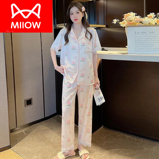 Catman (Miiow) Pajamas de soie de glace pour femmes en été à manches courtes style 2024 Nouveau printemps et été imitation mince de vêtements de maison de la maison FS-9905 Peach [court + pantalon] xl [adapté à 115-130jin [Jin équivaut à 0,5 kg]]