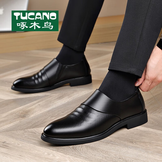 Holzspecker Herrenschuhe 2025 Frühlings- und Herbst-echtes Lederspitze Britisch-Business Formal Lederschuhe Herrenhöhe-verstärkt Hochzeitsbräutigam Schwarzer Plüschstil 6189-2 44