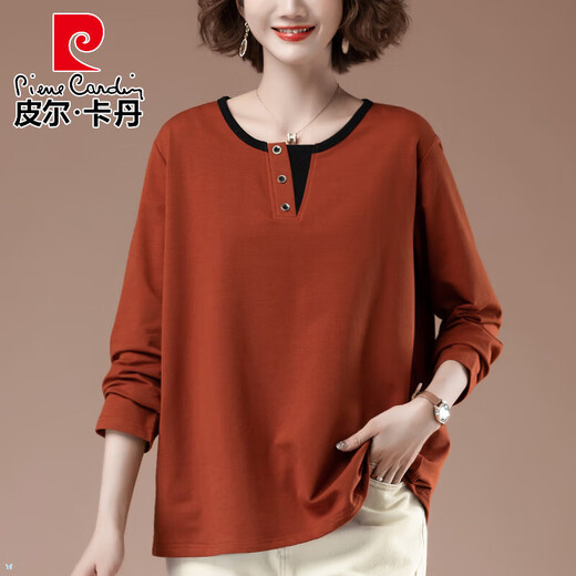 皮尔卡丹（pierre cardin）加肥加大码长袖T恤女2025春秋中年妈妈时尚百搭遮肚显瘦减龄打底 黑色【6187】 L