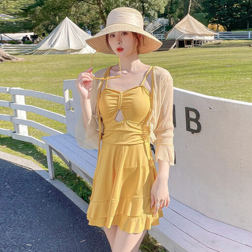 Yuyaman one-piece swimsuit for women in hot springs with blouse, two-piece skirt style, conservative belly covering, slimming, sun protection, beach vacation, yellow with blouse, one size fits all