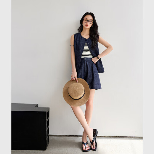 
Vanciman old Qianfeng dark blue denim suit for women 2025 summer new sleeveless top shorts two-piece set M9767 dark denim blue L