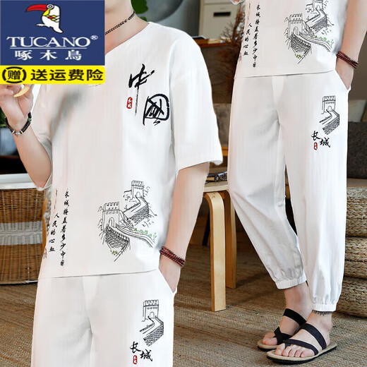 Specht Tang Anzug Herren Sommer Baumwollwäscheanzug Herren-Retro-Stil Chinesischer Stil Hanfu Casual Leinen kurzärmelig T-Shirt gegen Trend T32 Dunkelgrau [T-Shirt + neun geschnittene Hose] dünne 2xl