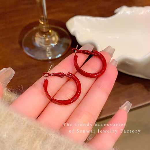 New Year's Eve Ankora Red Drop Glaze Earrings Light Luxury High-end Earrings Niche Temperament Earrings Autumn and Winter Earrings for Women Burgundy Plain Hoop Earrings One Pair