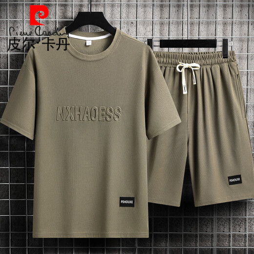 皮尔卡丹（pierre cardin）重磅华夫格短袖T恤男夏季宽松大码运动短裤套装工作服圆领透气潮 单件上衣-829军绿 M 建议90-110斤