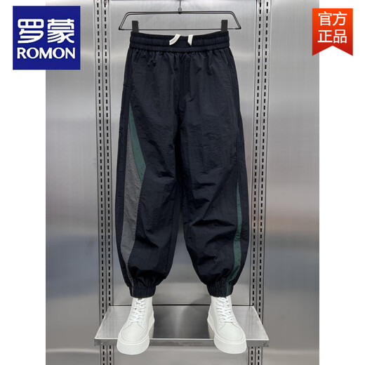 罗蒙（ROMON）夏季速干条纹拼接户外束脚运动裤男款潮牌宽松阔腿休闲九分哈伦裤 黑绿条 3XL 170-185斤