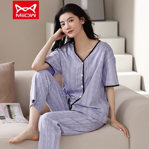 Cat man (miiow) pyjamas en coton pur pour femmes pantalon à manches courtes printemps et été cardigan coréen coréen mignon collier de vêtements d'été