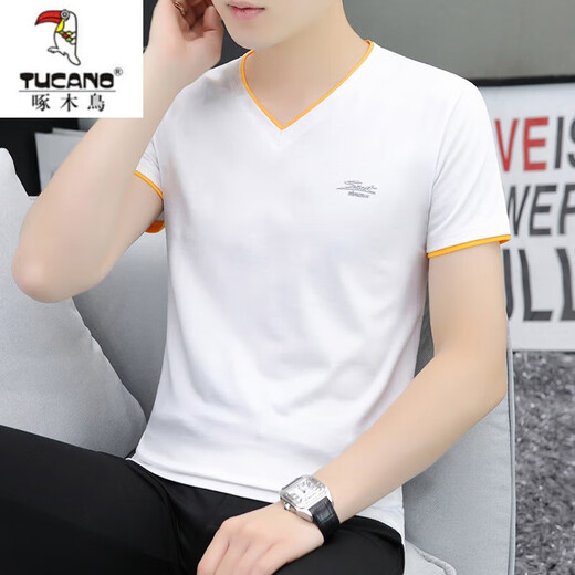 Woodpecker O'Dell camiseta de manga corta con cuello en V de algodón de verano camisa de fondo de moda para hombres camisa de cuerpo delgado de media manga ropa casual de algodón q691 blanco M recomendado 90-110Jin Jin equivale a 0,5 kg