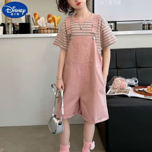 迪士尼（Disney）女童套装夏款2025新款儿童夏季潮酷穿搭女孩大童夏装背带裤两件套 粉红色【短袖+背带裤】 120 码 【35-45斤内】