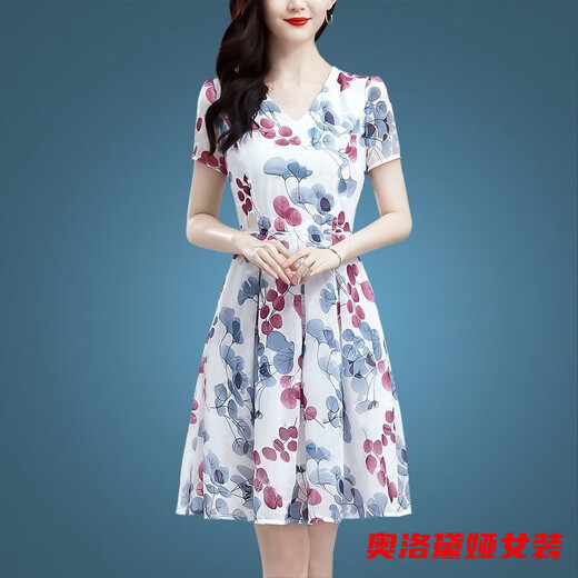 Olodya's small ice silk dress for mothers aged 40 to 50 looks slim and short-sleeved summer temperament floral skirt Ice silk 9904 skirt 5XL recommended to wear 165-180